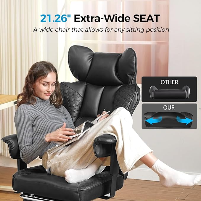 COMHOMA Big and Tall Office Chair 400LBS Wide Ergonomic Gaming Chair with Deluxe Embossing Leather with Foot Rest 150°Reclining Adjustable Armrests Pocket Spring Back Support and Without Pillow