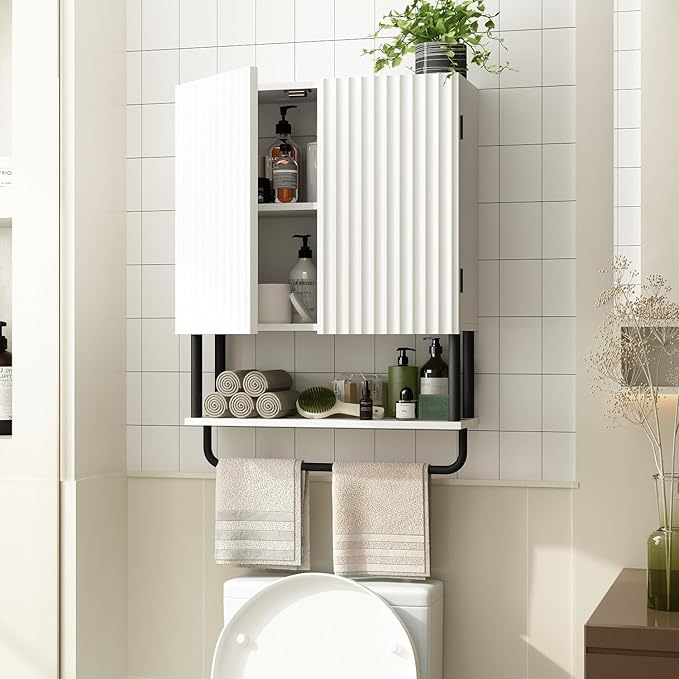 RUSTOWN Fluted Bathroom Wall Cabinet with 2 Doors, 3-Tier Modern Farmhouse Medicine Cabinet, Over The Toilet Storage Cabinet with Adjustable Shelf and Towel Bar (White, Medium)