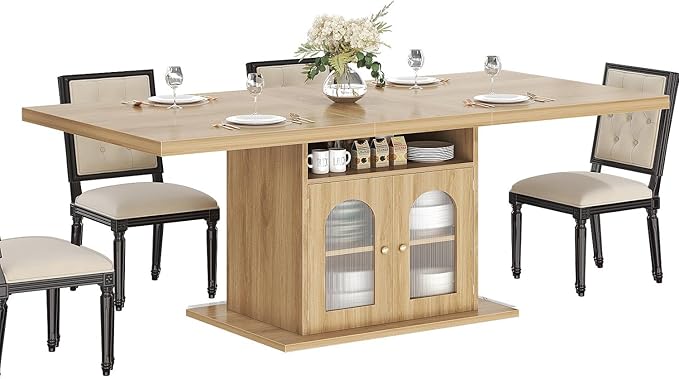 HSH Dining Table for 4–6, 63 Inch Wood Farmhouse Kitchen Table with 3-Tier Storage Shelf and Acrylic Door Cabinet, Rectangular Modern Dining Room Dinner Table for Apartment Home Small Space, Light Oak
