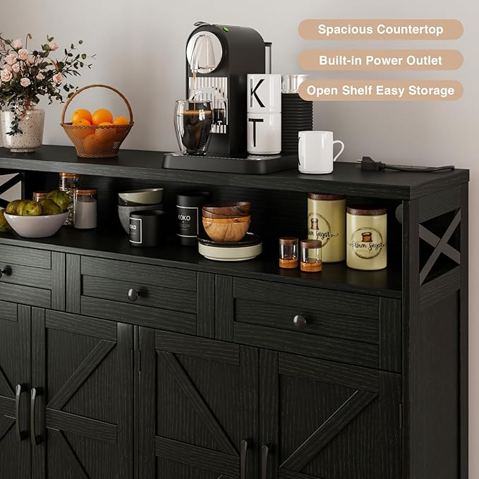 51" Black Buffet Sideboard Cabinet with Storage, Farmhouse Kitchen Storage Pantry Cabinet with Drawers, Wood Cupboard Hutch, Coffee Bar Station Table for Kitchen, Living Room, Dining Room