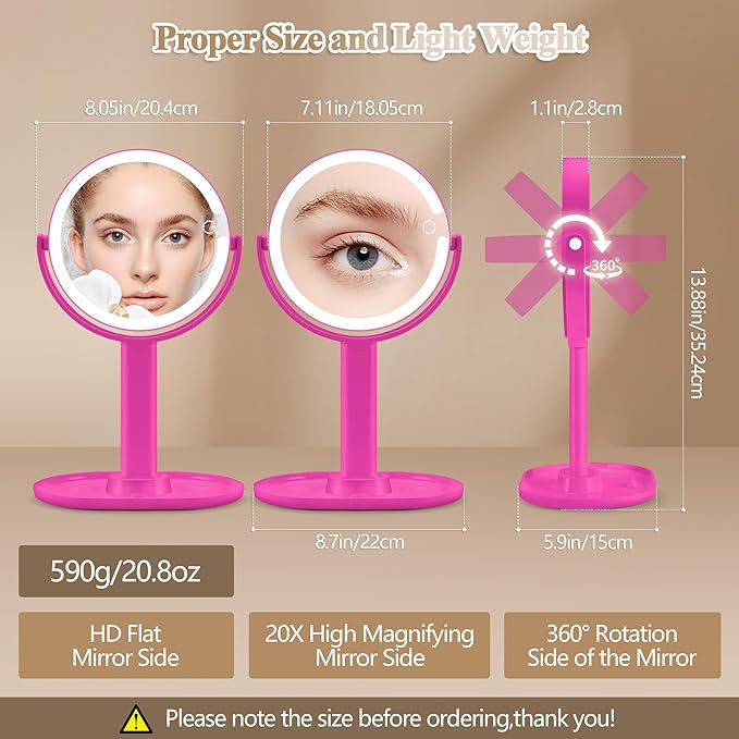 Makeup Mirror with Lights, Double Sided 1x/20x Magnifying Mirror with Light, Rechargeable 3 Color Lights and Adjustable Brightness, 360° Rotation Detachable Comes with Tweezer(Hotpink)
