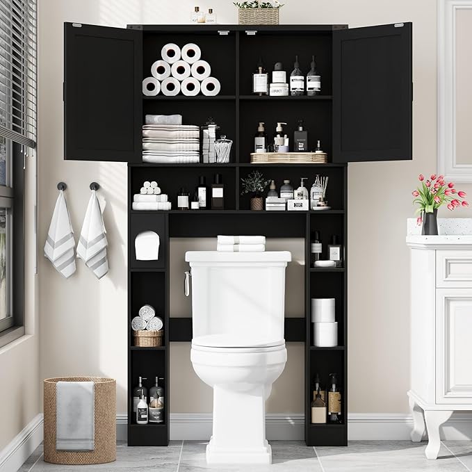 Over The Toilet Storage Cabinet, Farmhouse Storage Cabinet Over Toilet with 2 Barn Doors ,Toilet Paper Holder Stand,Home Space-Saving Toilet Rack, for Laundry, Restroom, Bathroom.Black