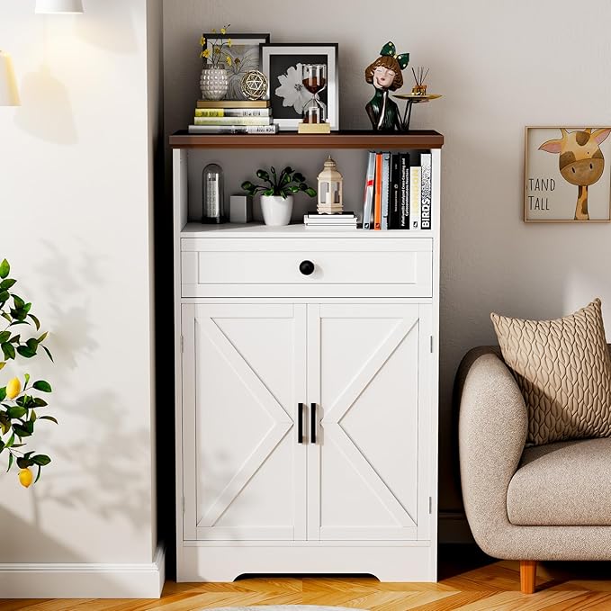 White Floor Cabinet, Farmhouse Storage Cabinet with Barn Doors and Drawer, Freestanding Adjustable Shelf Cabinets for Bathroom, Kitchen, Living Room