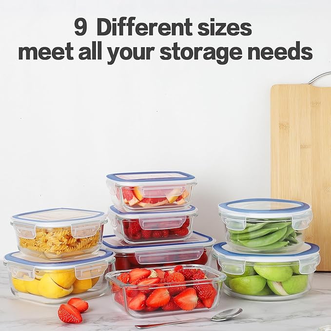 HOMBERKING 24pc Glass Food Storage Containers with Lids, Glass Meal Prep Containers, Airtight Glass Bento Boxes, BPA Free & Leak Proof, Pantry Kitchen Storage(12 lids & 12 Containers) - Deep Blue