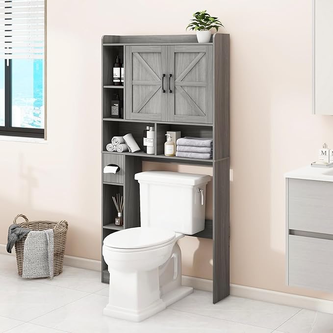 Vabches Over The Toilet Storage Cabinet, Farmhouse Style with 2 Barn Doors, Toilet Paper Holder, Space-Saving for Bathroom & Laundry, Gray
