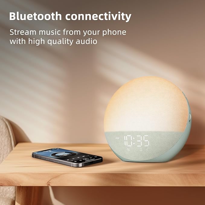 Sunrise Alarm Clock White Noise Machine: Natural Wake Up Light - Dimmable Clock with Bluetooth Speaker for Bedroom - 25 Sleep Sounds for Baby Adults Kids Sage Green