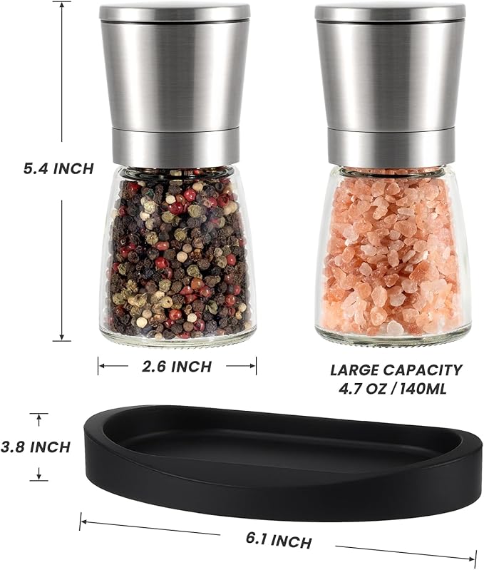VEVOK CHEF Salt and Pepper Grinder Set Stainless Steel Adjustable Coarseness Ceramic Pepper Mill Salt Crusher with Silicone Tray Salt and Pepper Shaker Spice Grinder Kitchen