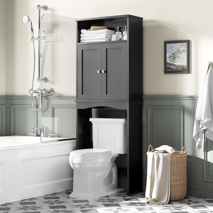 Over The Toilet Storage Cabinet, Over The Toilet Storage with Adjustable Shelf and Double Doors, Above Toilet Storage Cabinet for Bathroom Storage Over Toilet Bathroom Organizer (Black)
