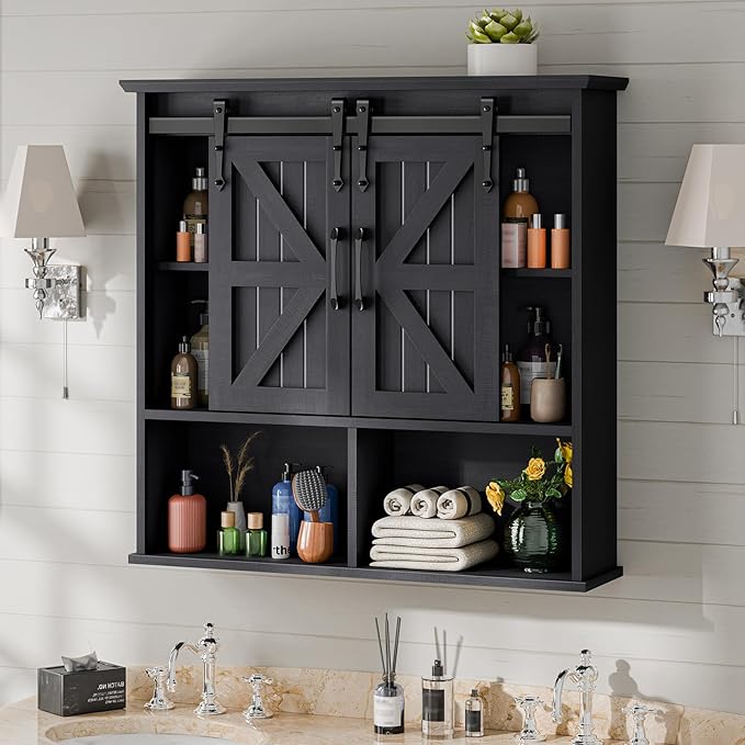 Vabches Bathroom Wall Cabinet, Farmhouse Medicine Cabinet with Double Sliding Barn Door and Adjustable Shelves, Wooden Vintage Storage Cabinet Wall Mounted for Bathroom, Kitchen Dining, Black