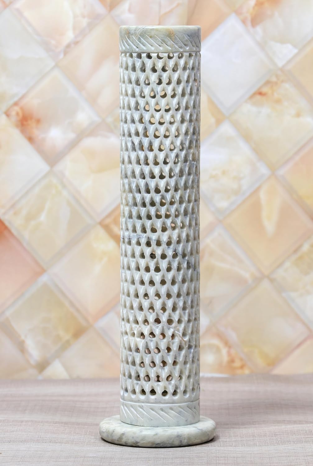 Crocon Handmade Blue Marble Soapstone Incense Stick Round Shape Elephant & Leaf Design Tower Burner | Tea Light Candle Holder | Decorative Home & Kitchen Best Gift Size - (2.7x2.7x10 Inch)