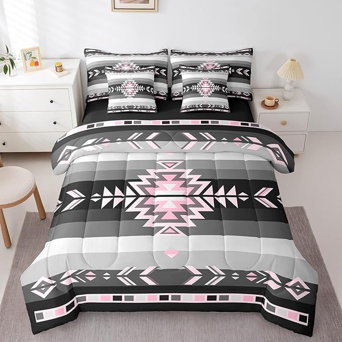 Southwest Native American Bedding Set Twin Southwestern Geometric 7 Piece Bedding Set Decor Tribal Pink Grey Black Bed Set Includes Comforter, Sheet Set, Pillowcases & Pillow Covers Modern Art Bedroom