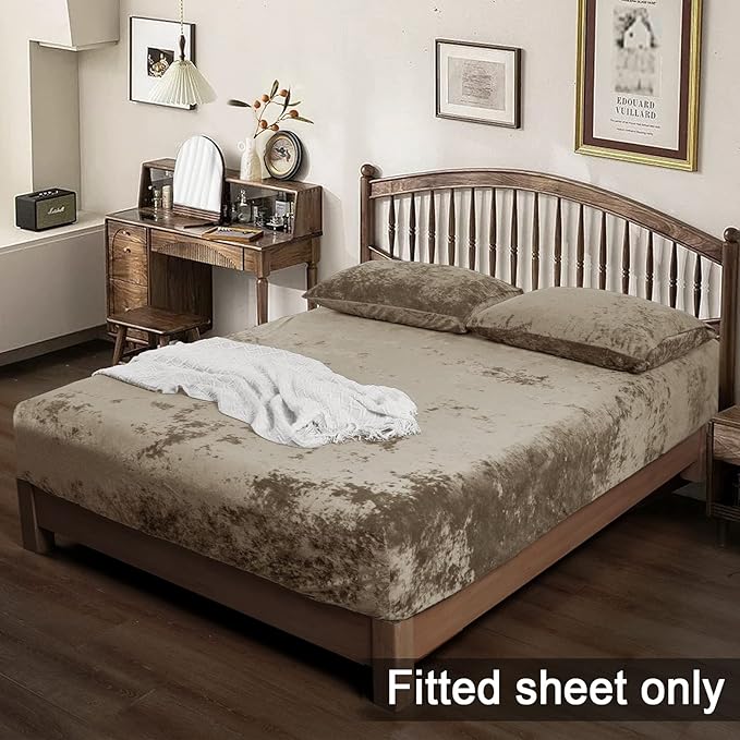 PHF Truly Velvet Fitted Sheet Only Twin Size, Luxury Super Soft Cozy Fuzzy Fleece Bottom Sheet, Deep Pocket Up to 16",Strenghth Elastic Band,Suitable for Fall Winter Spring, No Pillowcases, Khaki