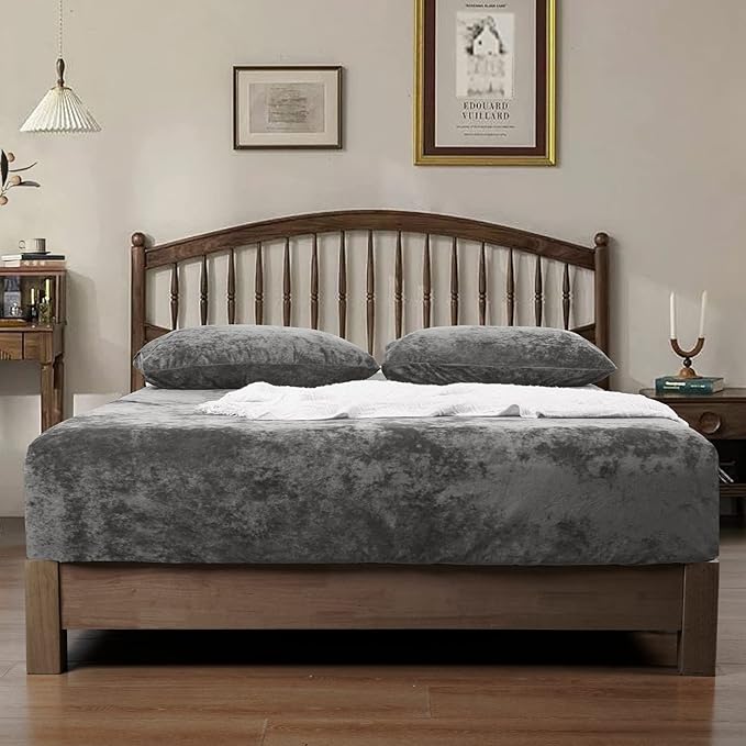 PHF Truly Velvet Fitted Sheet Only King Size, Luxury Super Soft Cozy Fuzzy Fleece Bottom Sheet, Deep Pocket Up to 16", Suitable for Fall Winter Spring, No Pillowcases, Charcoal/Dark Grey