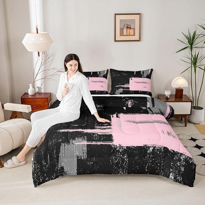 Pink Black Abstract Duvet Quilt King Size Geometric Bedding Set for Kids Boys Girls Decor Modern Art Comforter Set Breathable Soft Lightweight Microfiber Buffalo Check Bedroom Decor Bedclothes