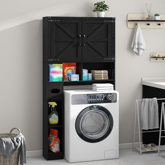 Over The Toilet Storage Cabinet, Farmhouse Storage Cabinet Over Toilet with 2 Barn Doors && Toilet Paper Holder Stand,Home Space-Saving Toilet Rack, for Laundry, Restroom, Bathroom.Pure Black