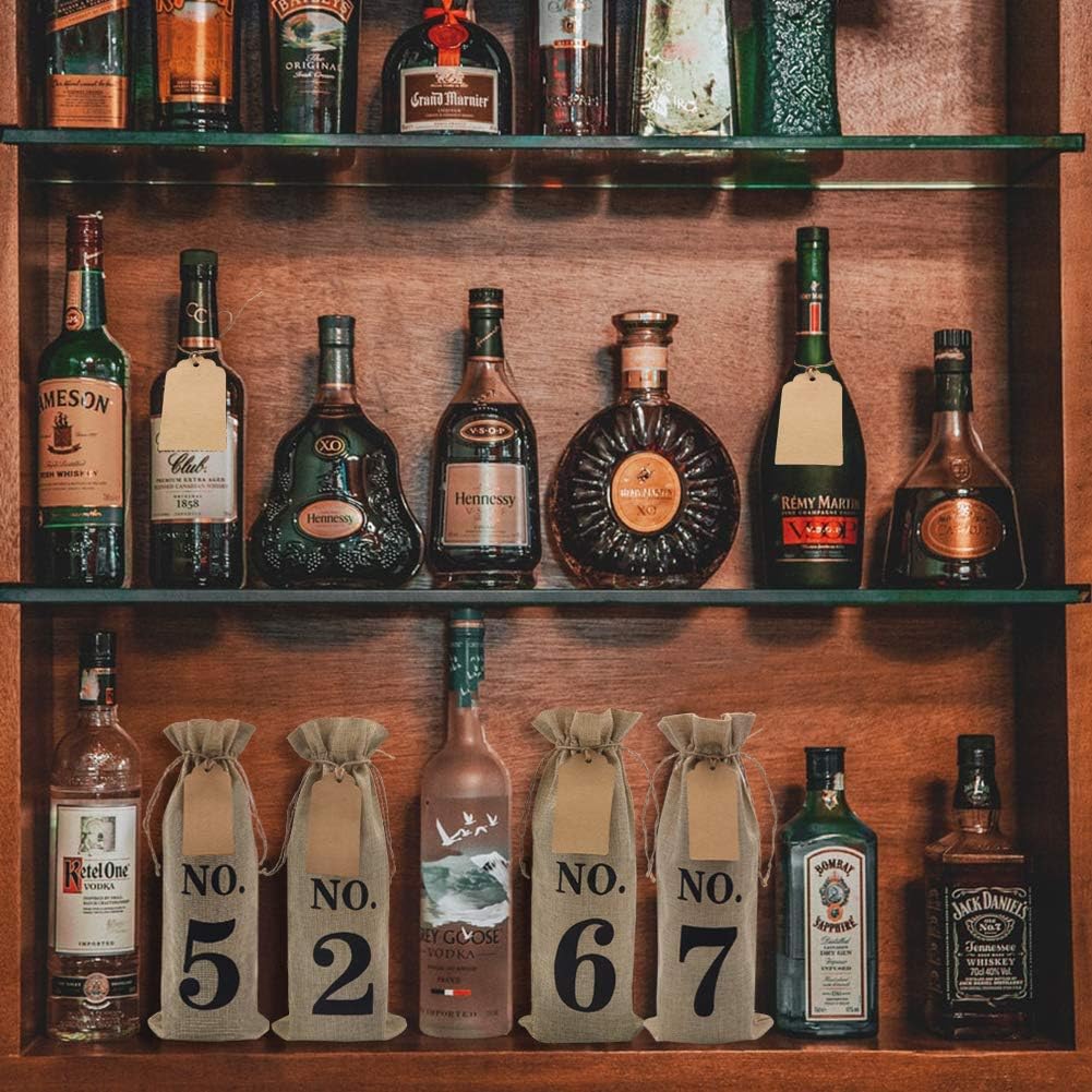 HRX Package 10pcs Burlap Wine Bags with Tags for Blind Wine Tasting, Numbered Hessian Cloth Glass Bottle Gift Bags for Christmas Wedding Party Decoration