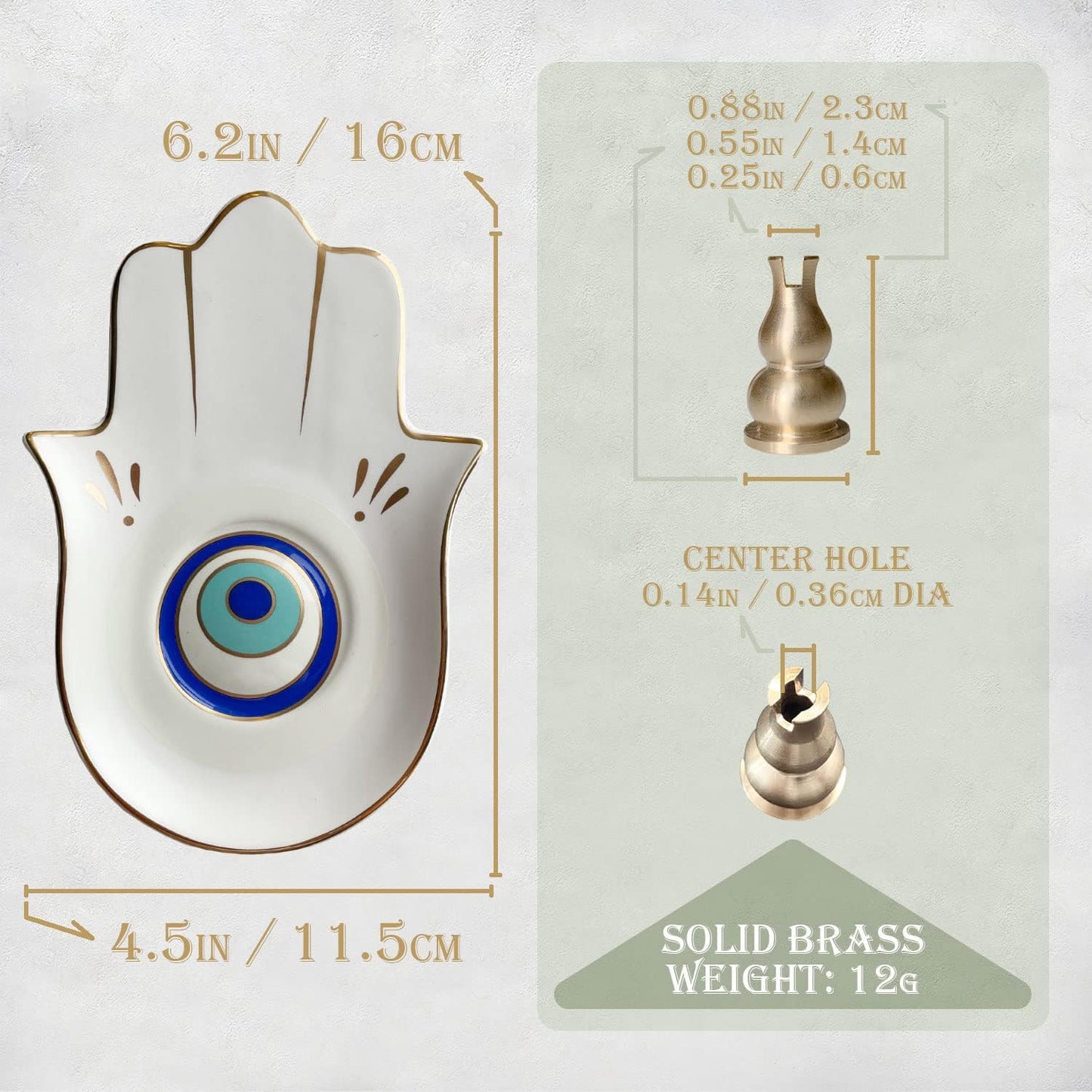 Ceramic Hamsa Hand Incense Holder - 2 in 1 Brass Incense Holder for Sticks and Coil Incense- Zen Decor with Hand of Fatima Design Protection from Evil - 6.2" L X 4.5" W (WhiteEye)