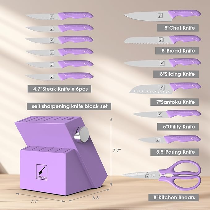 imarku Kitchen Knife Set, Sharp Knives Set with Built-in Sharpener, Stainless Steel Block Knife Set and Non-Slip Ergonomic Handle, Dishwasher Safe, 14 PCS Professional Knife Set for Gift, Lavender