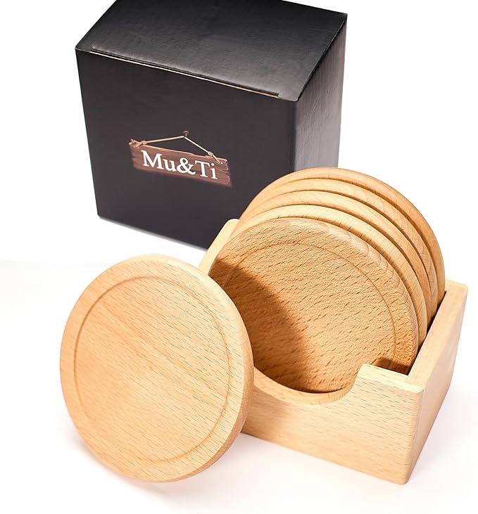 Mu&Ti Wood Coaster, Coffee Beer Coaster.100% Natural Beech Wood Coaster, 6-Piece Coaster Set, Holder Included (Beechwood)