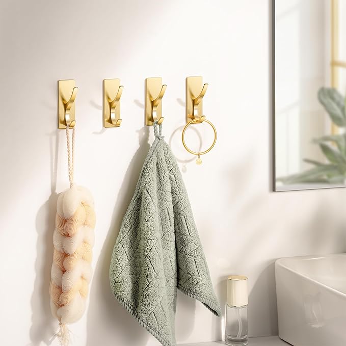 Self Adhesive Coat Hooks for Hanging, Heavy Duty Stainless Double Wall Hook for Towel, Backpack, Hat, Sturdy Metal Hanger for Bathroom, Bedroom, Door, Wall Mounted, 4-Pack, Brushed Gold