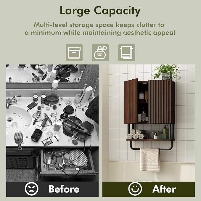 RUSTOWN Farmhouse Bathroom Wall Cabinet with 2 Door, 3-Tier Curved Profile Wooden Medicine Cabinet, Wall Mounted Storage Cabinet with Adjustable Shelf and Towel Bar (Dark Walnut, Small)