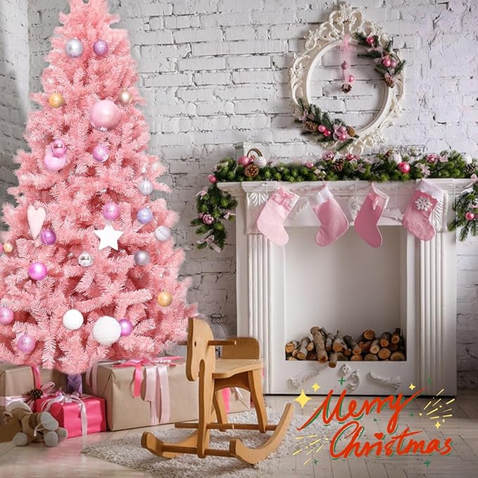 5ft Pink Artificial Christmas Tree, Arbol de Navidad with 600 Branch Tips, Fake Christmas Tree, Premium Spruce Xmas Tree with Fold-Able Metal Base Stand
