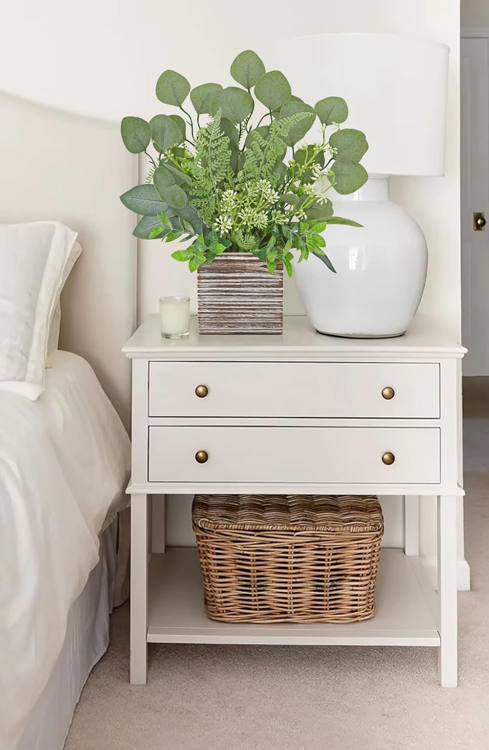 Hollyone Artificial Eucalyptus Plant in Rustic Wood Planter 14" Faux Eucalyptus Fern Greenery Arrangement Potted Plant Centerpiece for Farmhouse Home Indoor Wedding Table Mantel Shelf Kitchen Decor