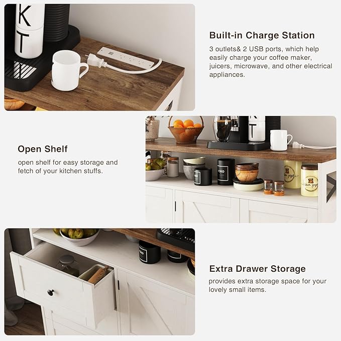 47" Antique White Storage Cabinet with Doors and Drawers, Farmhouse Sideboard Buffet Cabinet with Storage, Kitchen Pantry Hutch, Coffee Bar Station Table for Kitchen, Livingroom, Dining Room