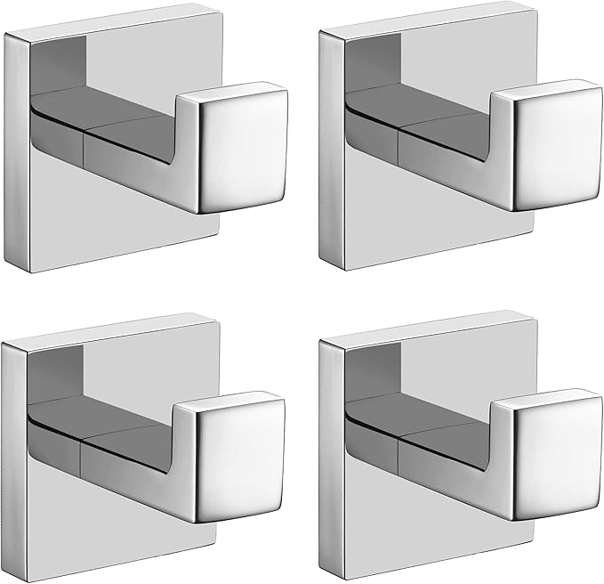 Nolimas Bath Towel Hook SUS 304 Stainless Steel Square Clothes Towel Coat Robe Hook Cabinet Closet Door Sponges Hanger for Bath Kitchen Garage Heavy Duty Wall Mounted, Chrome Polished Finish,4Pack
