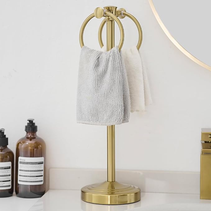 Hoimpro 17" Brushed Gold Free Standing Towel Rack Bracket, Double Towel Ring Hand Towel Stand Holder, Bathroom Hardware Accessories Set Towel Bar for Bathroom Vanities and Kitchen Countertops