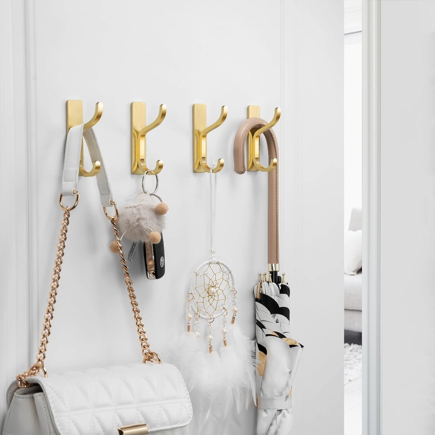 pickpiff Gold Adhesive Hooks for Wall - Extra Strong 13 LB Hold for Towels, Coats, Bags - Durable Stainless Stick-On Metal Hangers for Bathroom, Kitchen, Closet, Door, 6 Pack