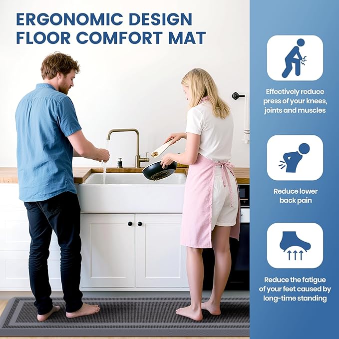 KitchenClouds [2 PCS Kitchen Rugs Cushioned Anti-Fatigue Kitchen Mats for Floor Waterproof Kitchen Rug Set Non-Slip Comfort Standing Mat for Office, Sink, Laundry 17.3"×28"+17.3"×60", Grey