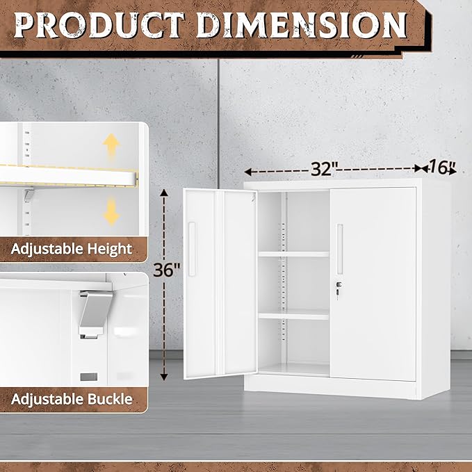 SUNCROWN 36” Metal Storage Cabinets with Doors and 2 Adjustable Shelves, Locking Tool Garage Cabinet, File Cabinets for Home & Office (White)