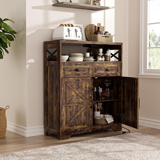 31.5" Rustic Brown Storage Cabinet with Doors and Drawers, Farmhouse Sideboard Buffet Cabinet with Storage, Kitchen Pantry Hutch, Coffee Bar Station Table for Kitchen, Livingroom, Dining Room