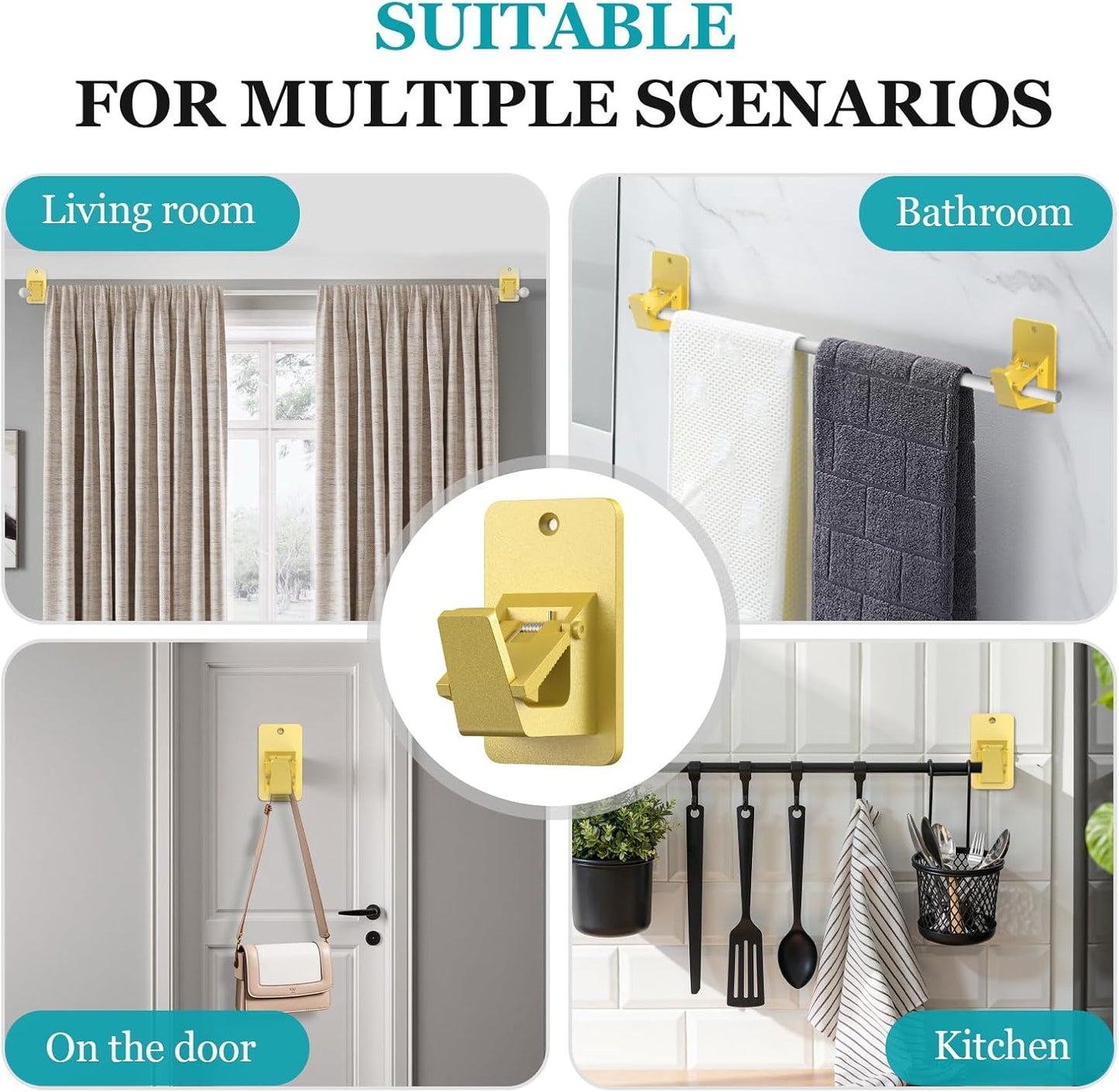 Adhesive No Drill Curtain Rod Brackets - Heavy Duty 30LB Holders for Bathroom Bedroom Kitchen, Universal Damage-Free Window Rod Hooks with Nail-Free Installation (4PC Gold)