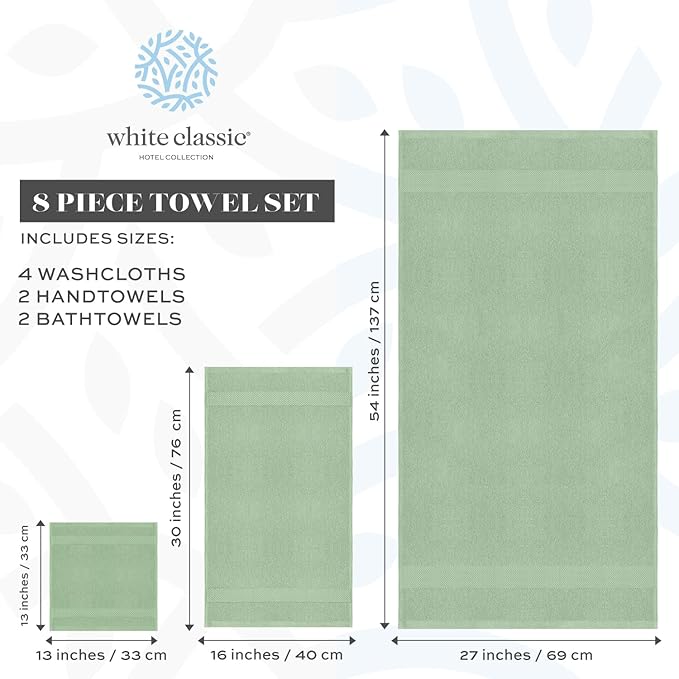 White Classic Luxury Bath Towel Set of 8 Pieces - 100% Turkish Cotton Highly Absorbent Towels for Bathroom, 2 Luxury Bath Towels 700GSM, 2 Hand Towels, 4 Washcloths, Green
