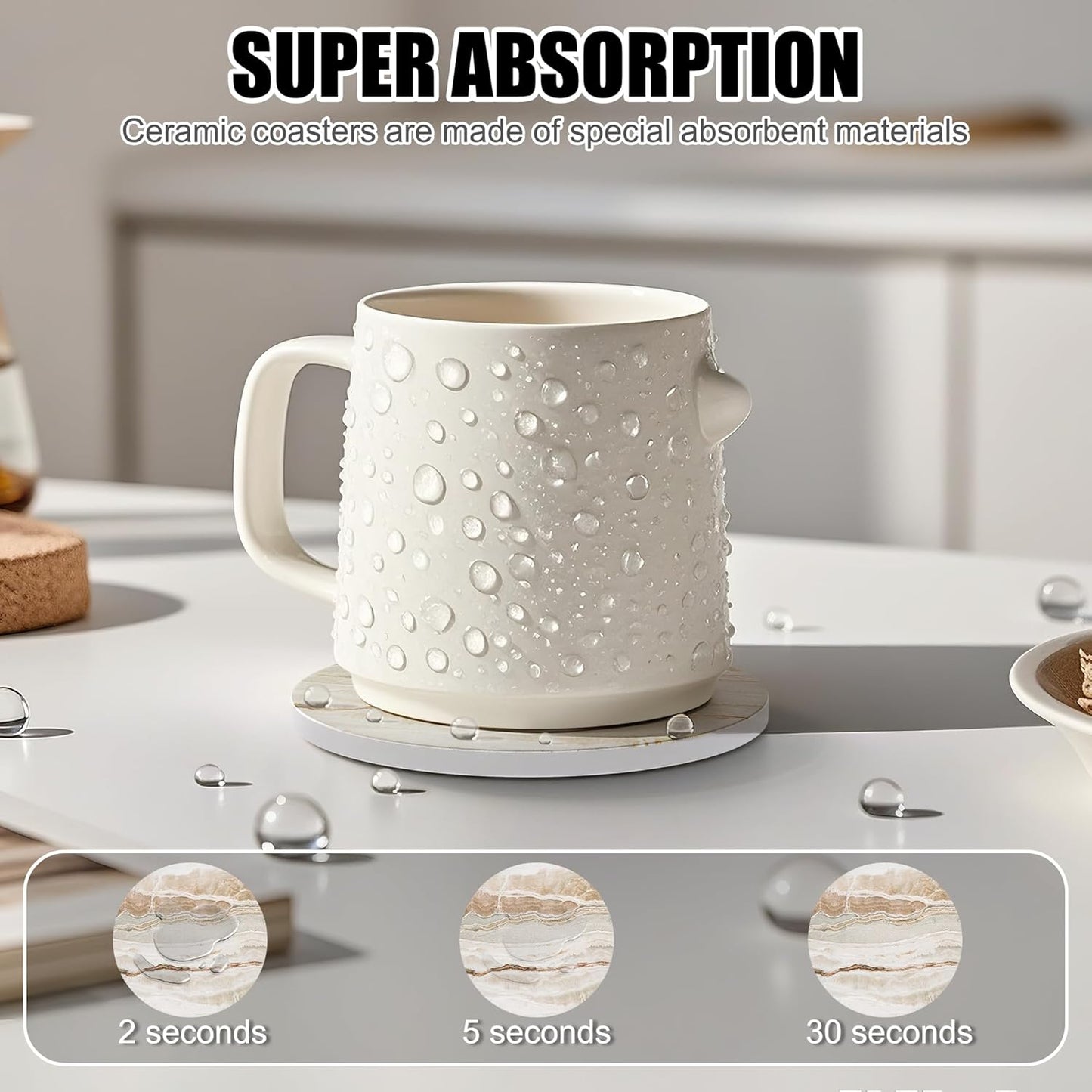 Coasters for Drinks Set of 4, Absorbent Marble with Metal Golden Holder, Ceramic Coaster Set Cup Mat for Home Decor, Bar, Kitchen, Party