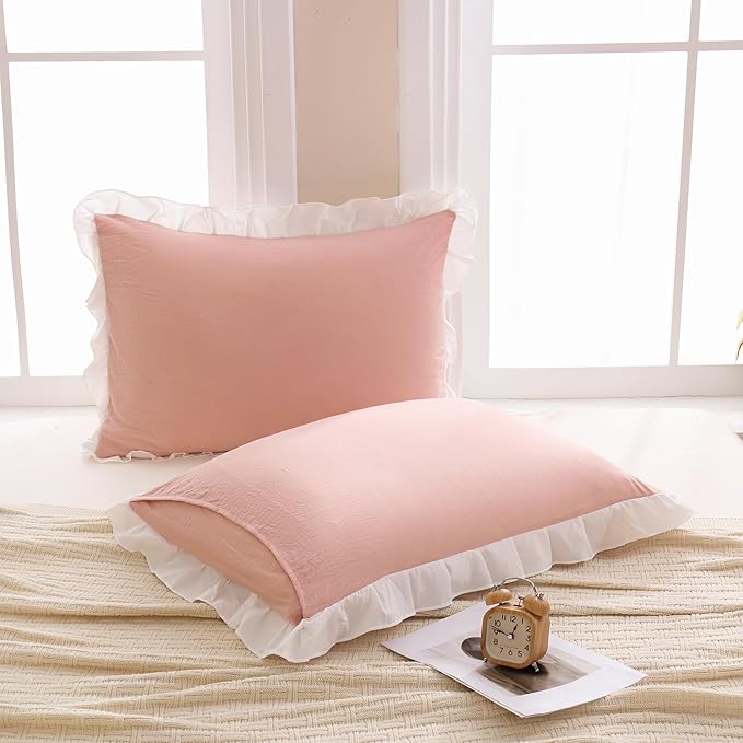 Merryword Pink Pillow Shams Pink and White Reversible Queen Pillowcases Cute Pillow Cover Set of 2 Soft Shabby Chic Ruffled Pillowcases 2 Pack (Queen (20''x30''), Pink White)
