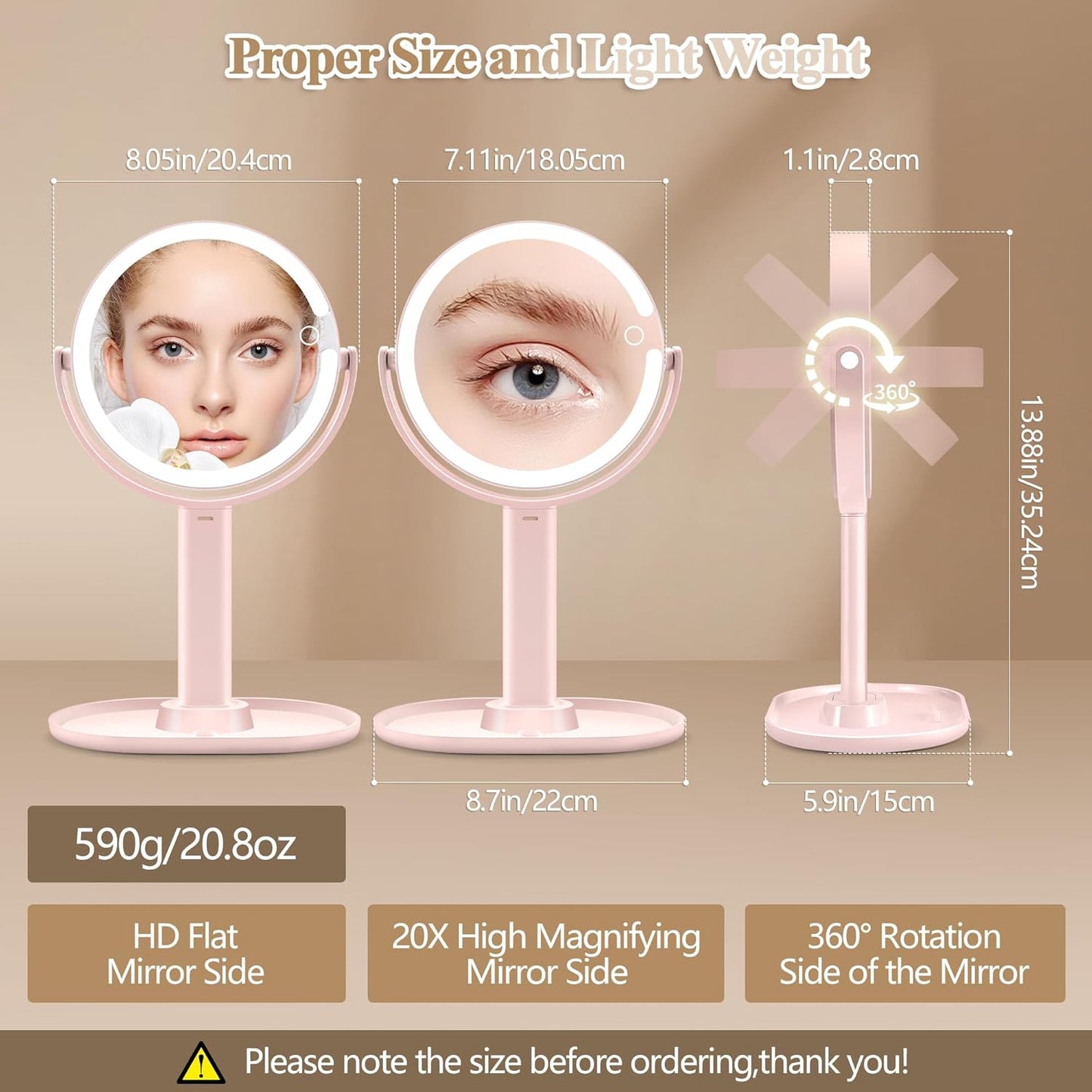 Makeup Mirror with Lights, Double Sided 1x/20x Magnifying Mirror with Light, Rechargeable 3 Color Lights and Adjustable Brightness, 360° Rotation Detachable Comes with Tweezer(Pink)