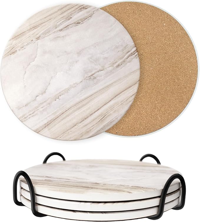 8 Inch Trivets for Hot Dishes, Pots and Pans, Marble Style Ceramic Trivet with Holder, Heat Resistant Hot Plate Mats for Countertops, Table, Home Essentials, Farmhouse Decor, Set of 3