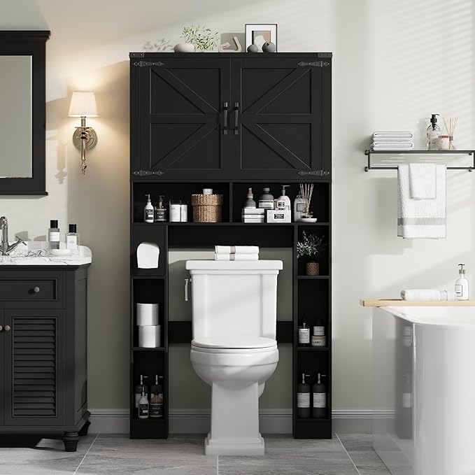 Over The Toilet Storage Cabinet, Farmhouse Storage Cabinet Over Toilet with 2 Barn Doors ,Toilet Paper Holder Stand,Home Space-Saving Toilet Rack, for Laundry, Restroom, Bathroom.Black