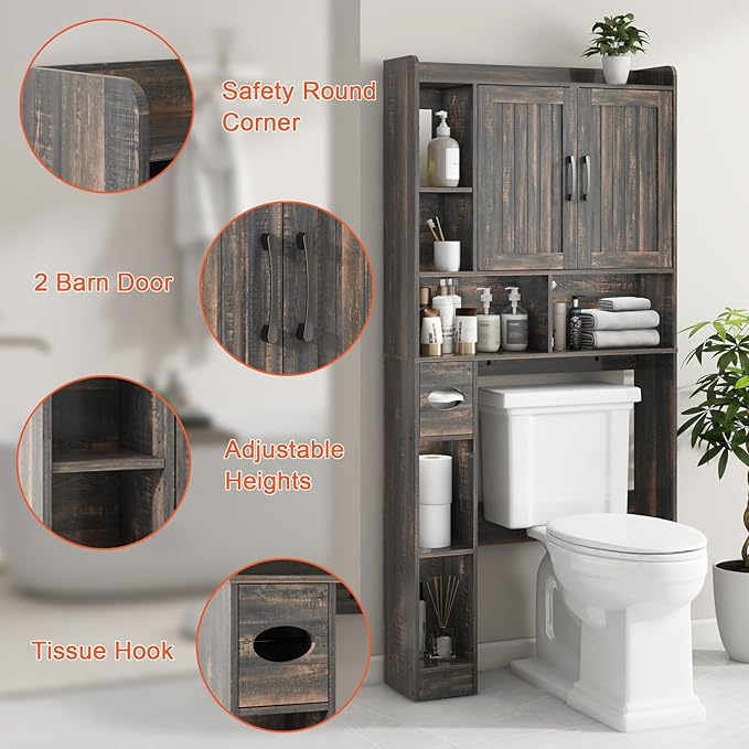 Over The Toilet Storage Cabinet, Farmhouse Storage Cabinet Over Toilet with Barn Door,Home Space-Saving Toilet Rack, for Bathroom, Restroom, Laundry