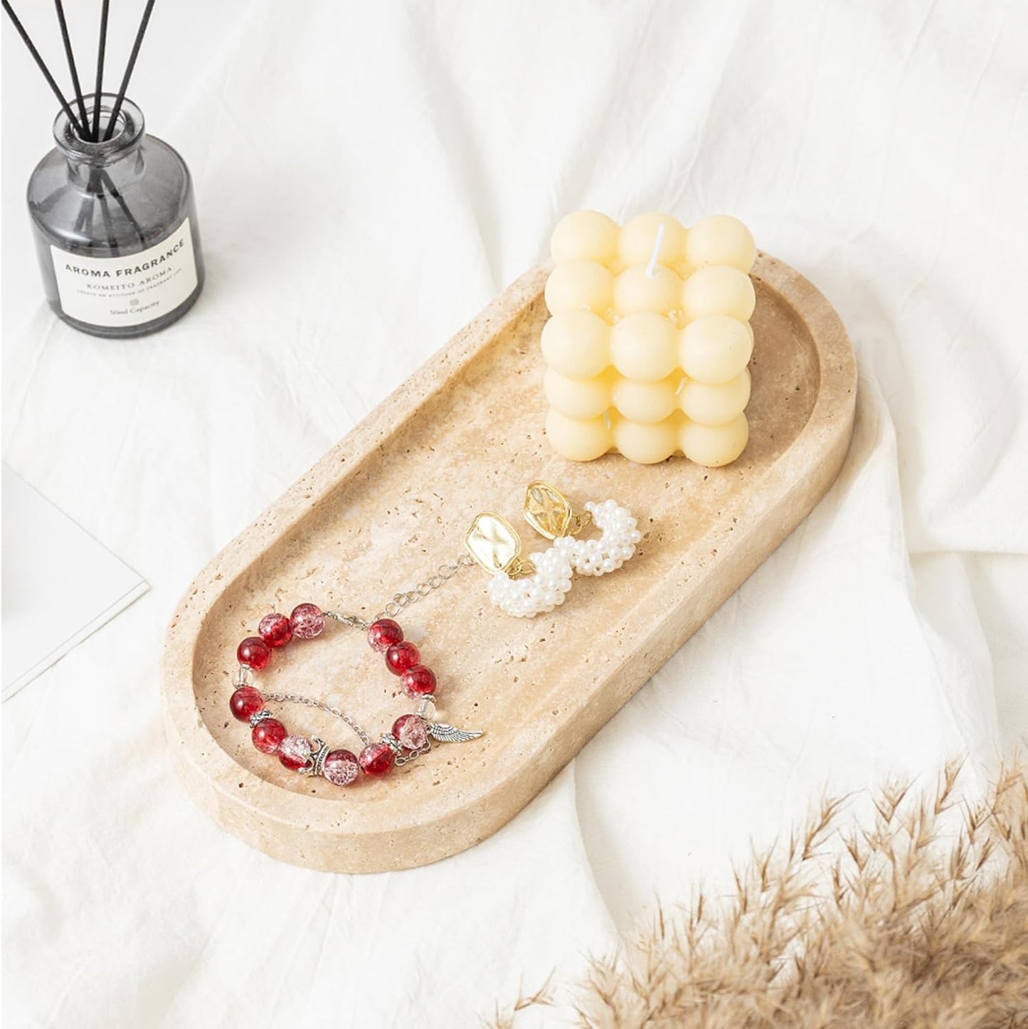 WORHE Italy Natural Travertine Stone Tray for Jewelry, Candles, Perfume, Trinket, Marble Oval Vanity Trays for Bathroom, Dresser, Kitchen, Countertop Storage Organizer for Home Decor Beige (WH028)