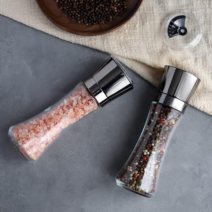 VEVOK CHEF Salt and Pepper Grinder Set Stainless Steel Black Salt and Pepper Mill with Adjustable Coarseness Salt Shaker Set Spice Grinder Black Pepper Grinder Refillable Home Kitchen