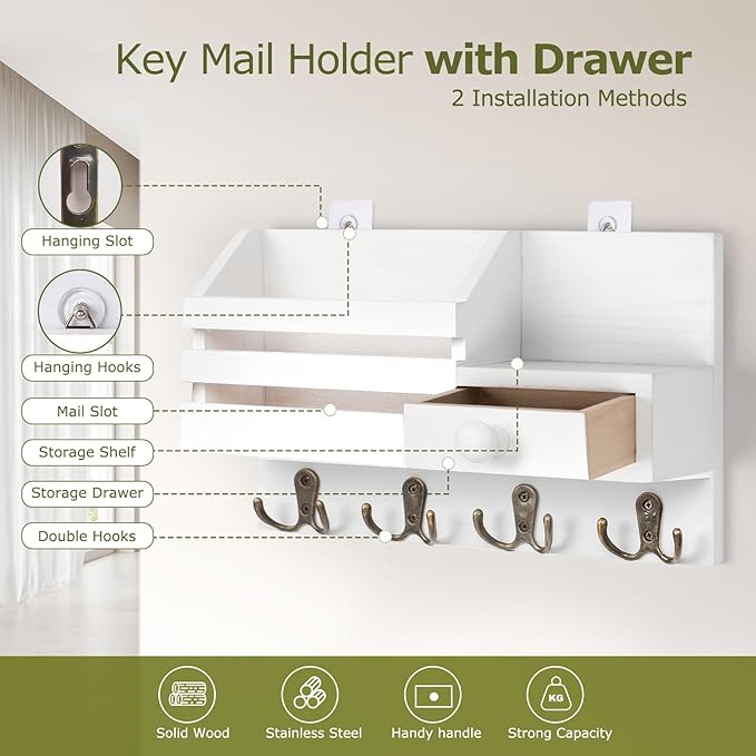 Key Holder Wall Mount, Wooden Adhesive Mail and Key Organizer with Drawer, Small Shelf, 8 Hooks, 2 Installation Methods, White