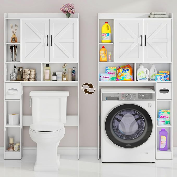 Over The Toilet Storage Cabinet, Farmhouse Storage Cabinet Over Toilet with 2 Barn Door & Toilet Paper Holder Stand,Home Space-Saving Toilet Rack, for Bathroom, Restroom, Laundry