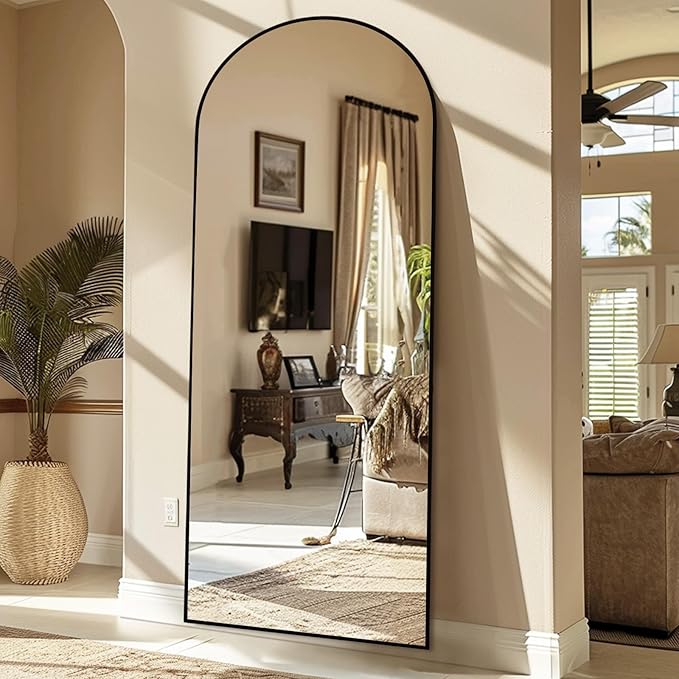 64x22 Arched Full Length Mirror Black,Oversized Floor Standing Mirror with Rust-Resistant Aluminum Frame & Anti-Tilt Base, Modern Arched-Top Design for Bedroom, Living Room, Entryway.