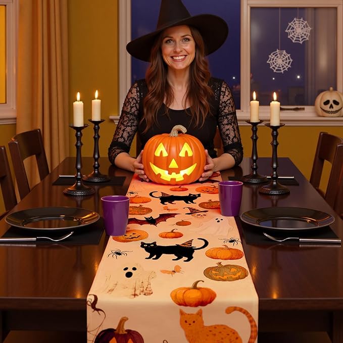 Halloween Table Runner with Spooky Pumpkins & Halloween Icons, Table Decoration for Dining Party and Home Decor,36x13 inches