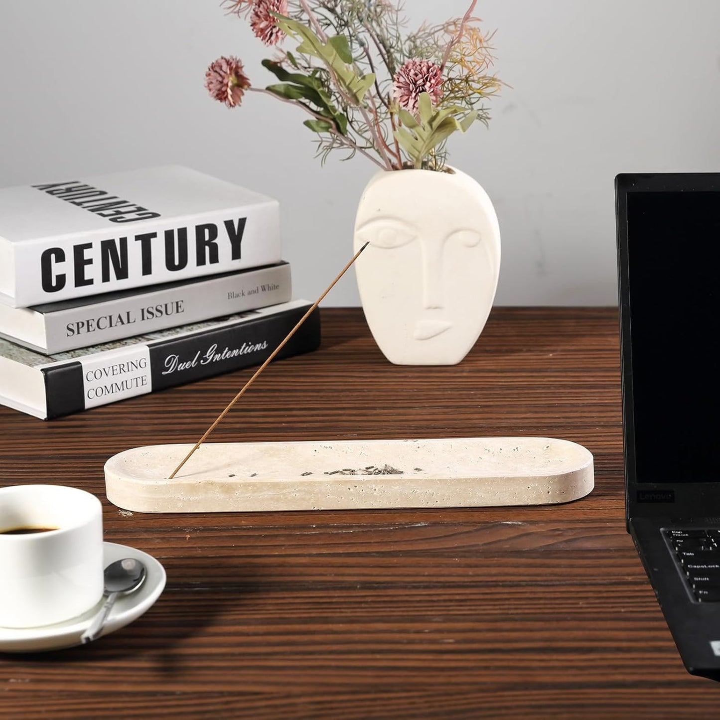 Koville Travertine Incense Holder, Incense Holder for Sticks, Long Incense Sticks Holder Ash Catcher for Meditation Yoga SPA, Natural Stone Incense Burner, Home Table Decor(Beige)