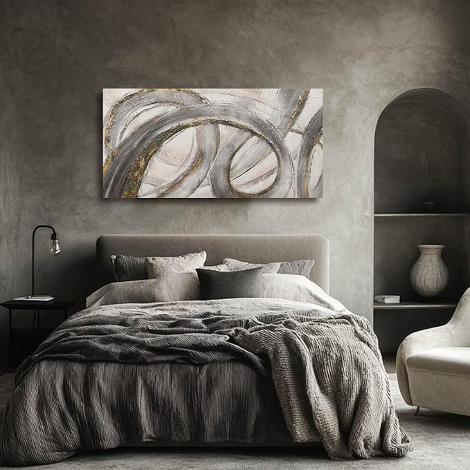 VAYIMDH Grey Modern Artwork Black with Gold Line Abstract Wall Decor Canvas Painting Office Wall Hanging Picture for Living Room 24"x 48" Neutral Wall Art